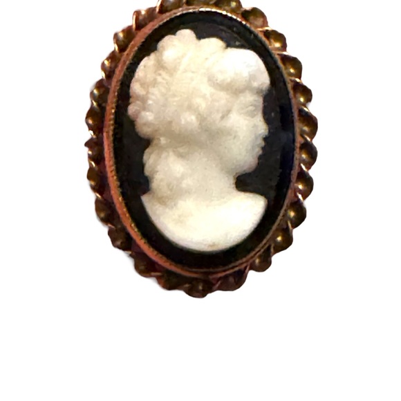Vintage Black Glass silouette mourning cameo pinchbeck bezel - Picture 2 of 6